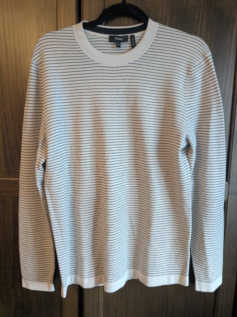 Theory Mens Crew Neck Sweater: Merino Wool w/ Horizontal Stripes - Mens Size M